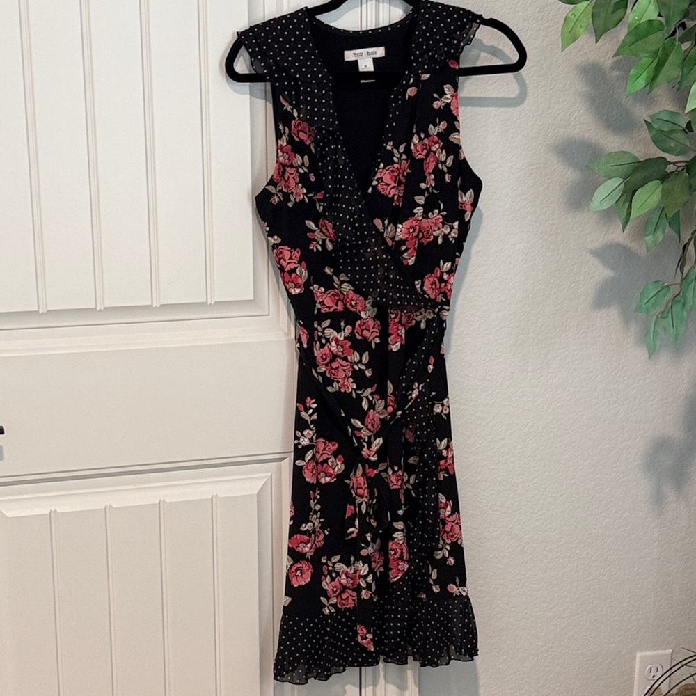 Floral Black and Pink Women's Wrap-look Dress